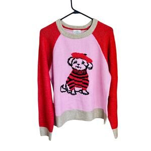 St John's Bay pink & red crewneck crop sweater Intarsia knit Dog French Beret Lg